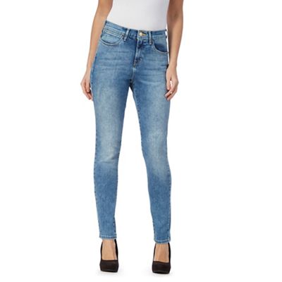 Mid blue high rise mid wash skinny jeans